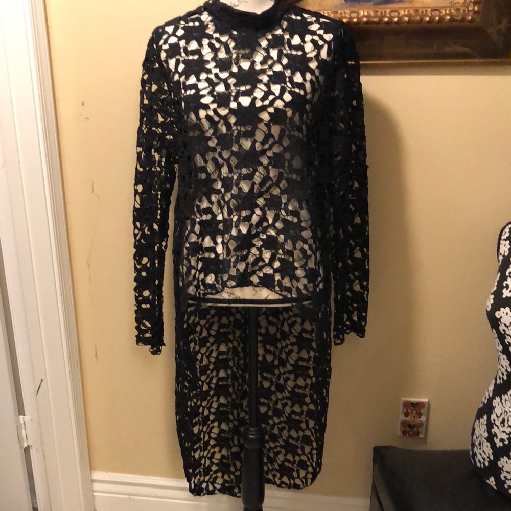 prettygarden dramatic open lace crochet long sleeve HiLo hem coverup or overtop